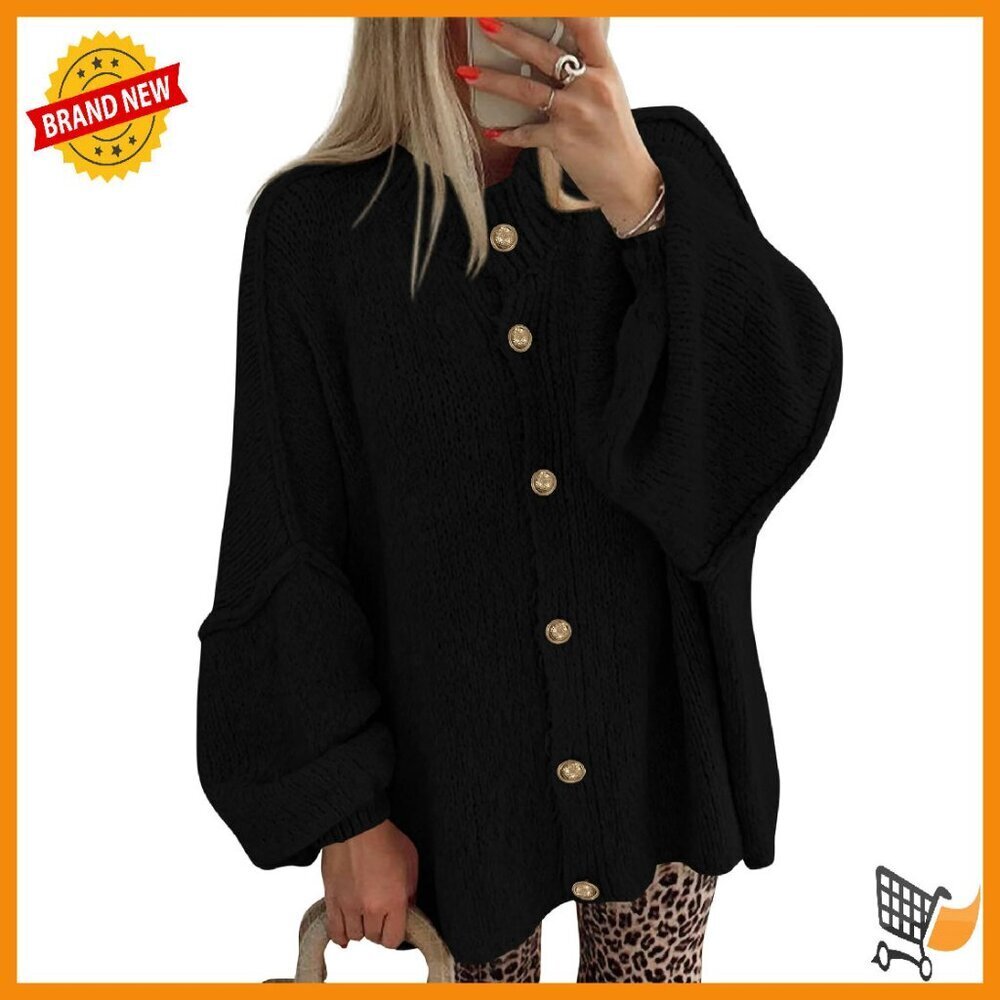 Oversized Chunky Knit Cardigan Lantern Sleeve Open Front Hip Length